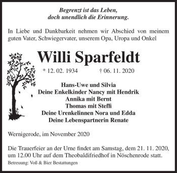 Traueranzeige von Willi Sparfeldt  von Magdeburger Volksstimme