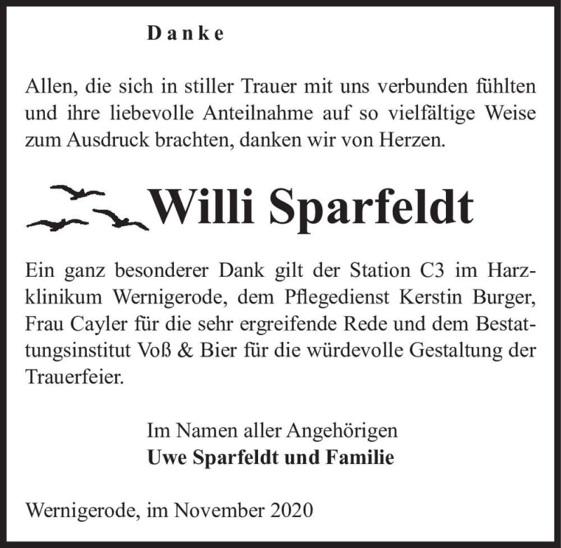  Traueranzeige für Willi Sparfeldt  vom 05.12.2020 aus Magdeburger Volksstimme