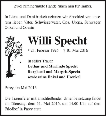 Traueranzeige von Willi Specht  von Magdeburger Volksstimme