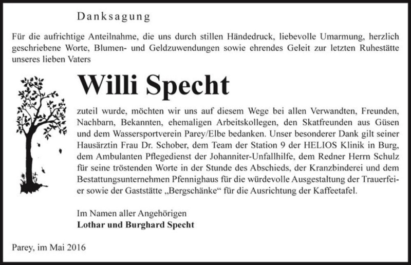  Traueranzeige für Willi Specht  vom 04.06.2016 aus Magdeburger Volksstimme