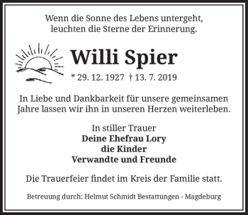 Traueranzeige von Willi Spier  von Magdeburger Volksstimme