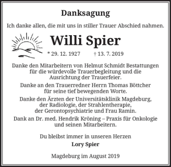 Traueranzeige von Willi Spier  von Magdeburger Volksstimme