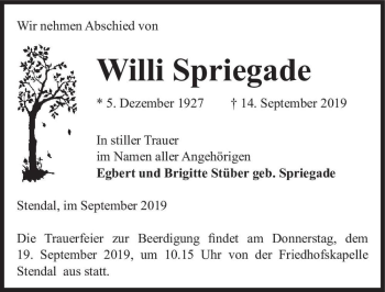 Traueranzeige von Willi Spriegade  von Magdeburger Volksstimme