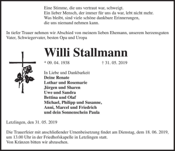 Traueranzeige von Willi Stallmann  von Magdeburger Volksstimme