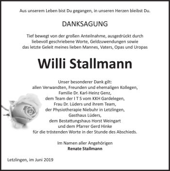 Traueranzeige von Willi Stallmann  von Magdeburger Volksstimme
