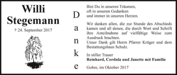 Traueranzeige von Willi Stegemann  von Magdeburger Volksstimme