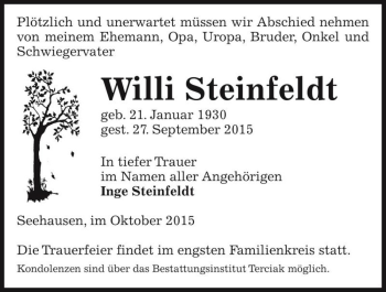Traueranzeige von Willi Steinfeldt  von Magdeburger Volksstimme