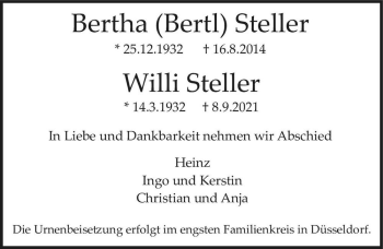 Traueranzeige von Willi Steller  von Magdeburger Volksstimme