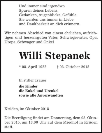 Traueranzeige von Willi Stepanek  von Magdeburger Volksstimme