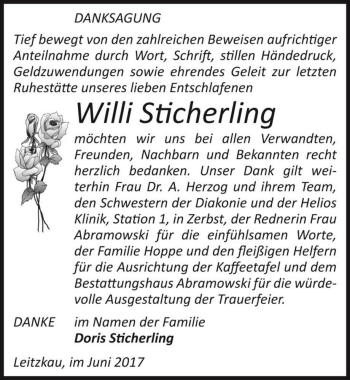 Traueranzeige von Willi Sticherling  von Magdeburger Volksstimme