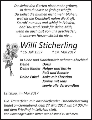 Traueranzeige von Willi Sticherling  von Magdeburger Volksstimme