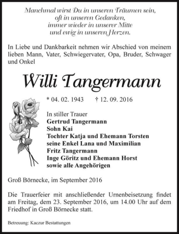 Traueranzeige von Willi Tangermann  von Magdeburger Volksstimme