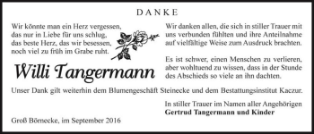 Traueranzeige von Willi Tangermann  von Magdeburger Volksstimme