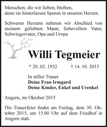 Traueranzeige von Willi Tegmeier  von Magdeburger Volksstimme