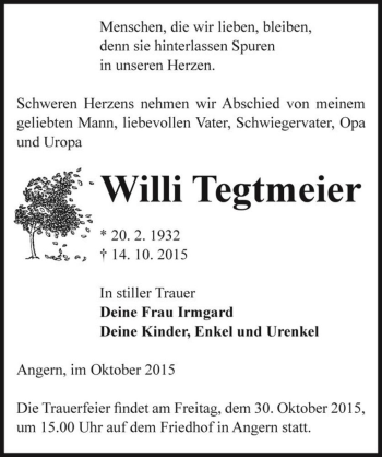 Traueranzeige von Willi Tegtmeier  von Magdeburger Volksstimme