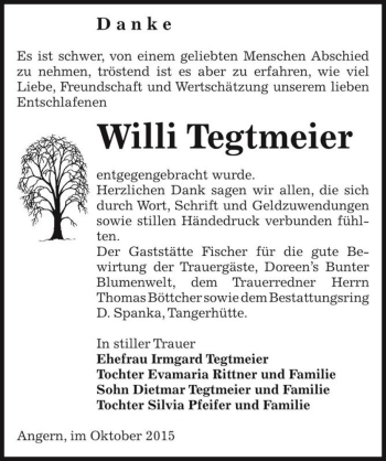 Traueranzeige von Willi Tegtmeier  von Magdeburger Volksstimme