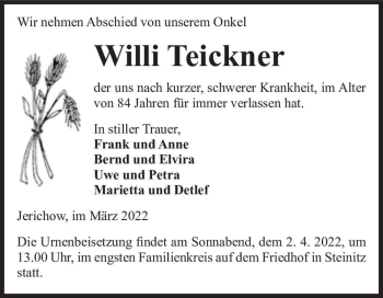 Traueranzeige von Willi Teickner  von Magdeburger Volksstimme