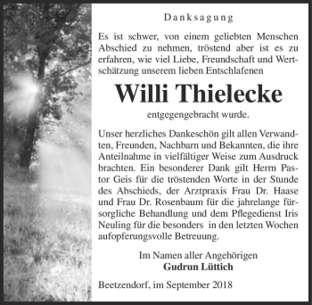 Traueranzeige von Willi Thielecke  von Magdeburger Volksstimme