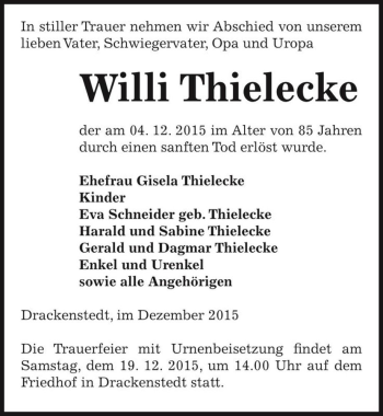 Traueranzeige von Willi Thielecke  von Magdeburger Volksstimme