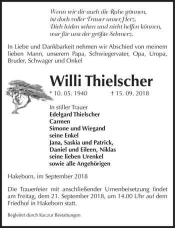 Traueranzeige von Willi Thielscher  von Magdeburger Volksstimme