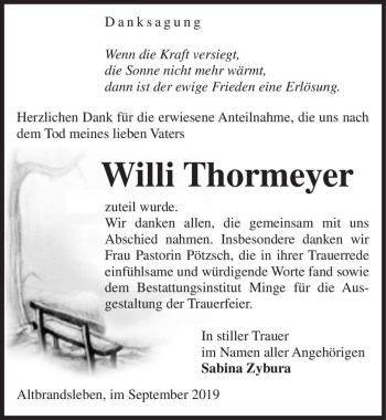 Traueranzeige von Willi Thormeyer  von Magdeburger Volksstimme