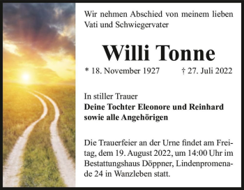 Traueranzeige von Willi Tonne  von Magdeburger Volksstimme