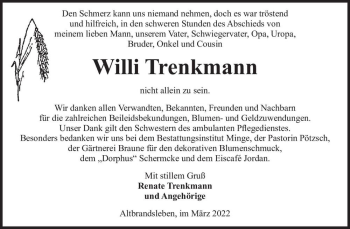 Traueranzeige von Willi Trenkmann  von Magdeburger Volksstimme