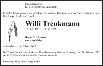 Traueranzeige von Willi Trenkmann  von Magdeburger Volksstimme