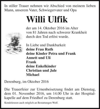 Traueranzeige von Willi Ulfik  von Magdeburger Volksstimme