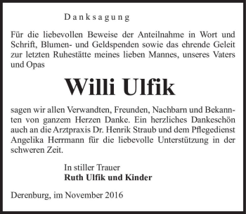 Traueranzeige von Willi Ulfik  von Magdeburger Volksstimme