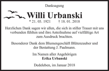 Traueranzeige von Willi Urbanski  von Magdeburger Volksstimme