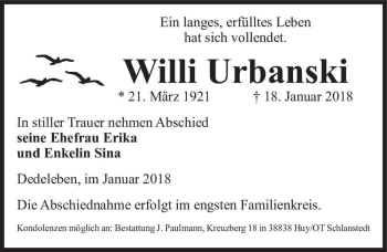 Traueranzeige von Willi Urbanski  von Magdeburger Volksstimme