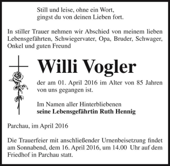 Traueranzeige von Willi Vogler  von Magdeburger Volksstimme