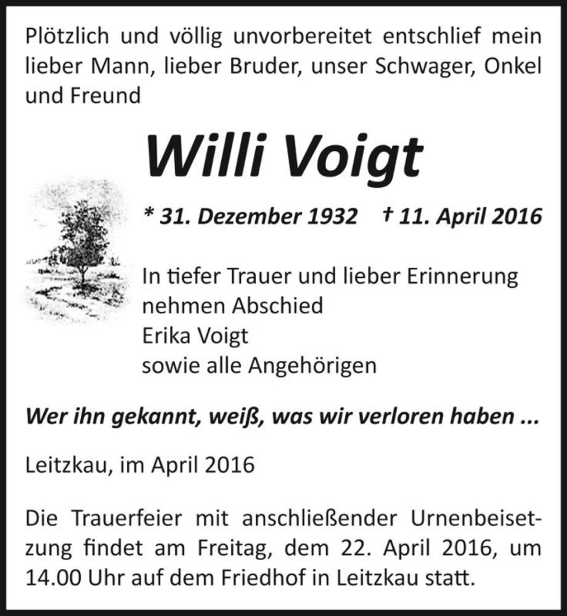 Traueranzeige für Willi Voigt  vom 16.04.2016 aus Magdeburger Volksstimme