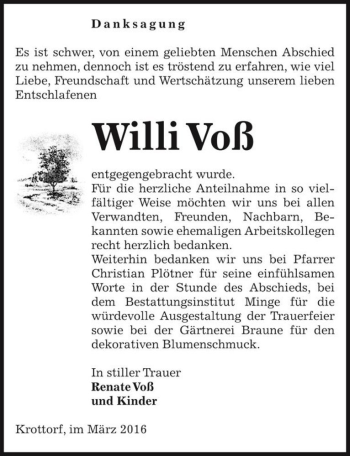 Traueranzeige von Willi Voß  von Magdeburger Volksstimme
