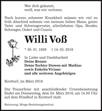 Traueranzeige von Willi Voß  von Magdeburger Volksstimme