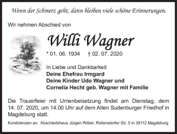 Traueranzeige von Willi Wagner  von Magdeburger Volksstimme