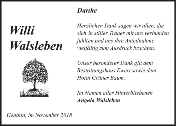 Traueranzeige von Willi Walsleben  von Magdeburger Volksstimme