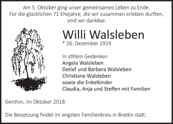 Traueranzeige von Willi Walsleben  von Magdeburger Volksstimme