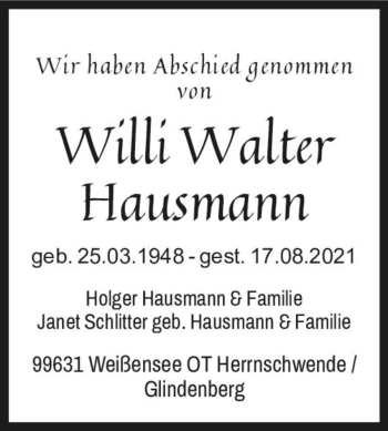 Traueranzeige von Willi Walter Hausmann  von Magdeburger Volksstimme