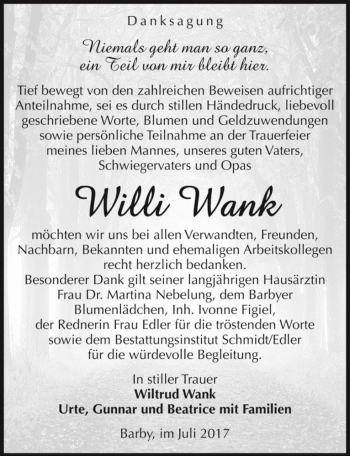 Traueranzeige von Willi Wank  von Magdeburger Volksstimme