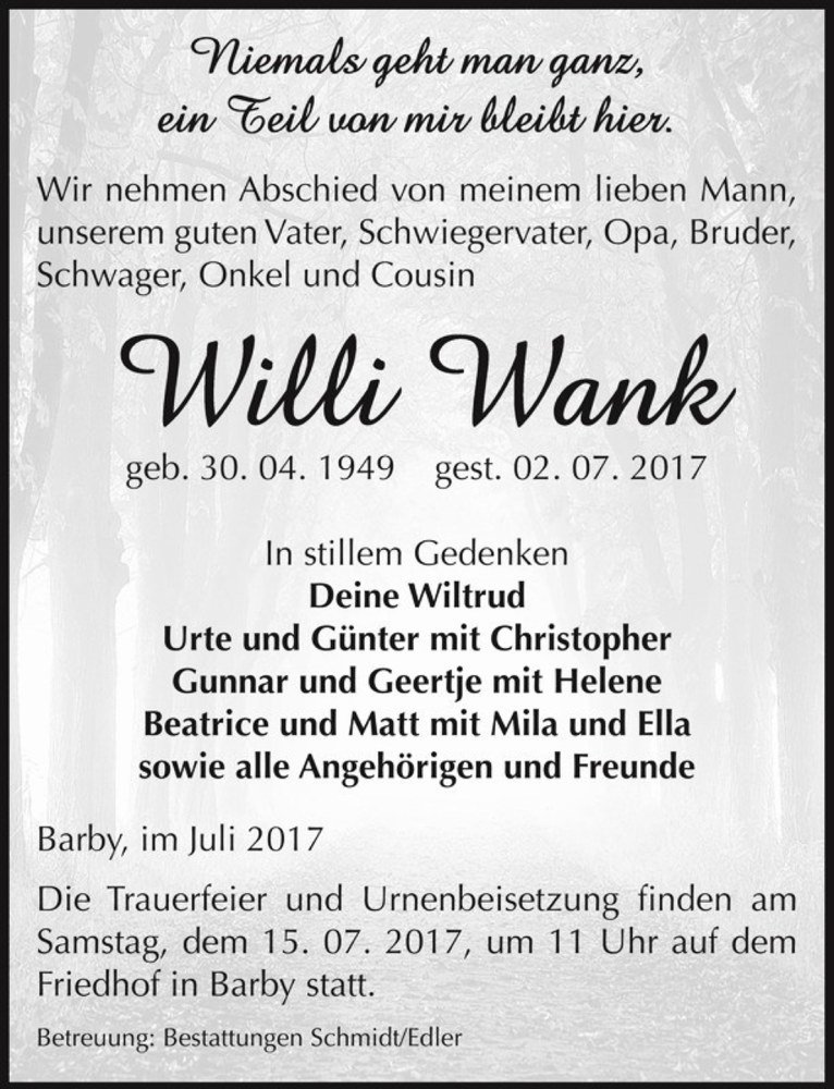  Traueranzeige für Willi Wank  vom 08.07.2017 aus Magdeburger Volksstimme