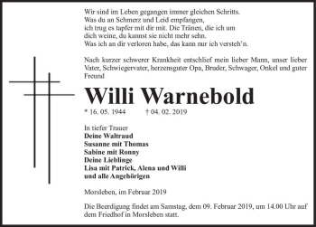 Traueranzeige von Willi Warnebold  von Magdeburger Volksstimme
