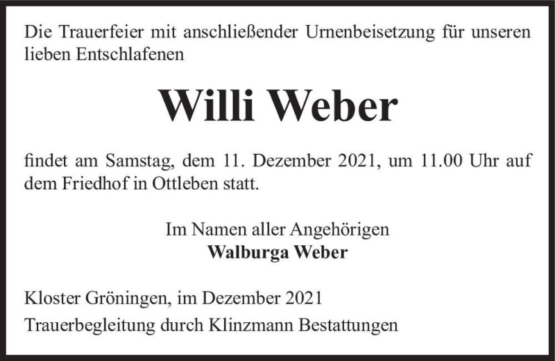  Traueranzeige für Willi Weber  vom 07.12.2021 aus Magdeburger Volksstimme