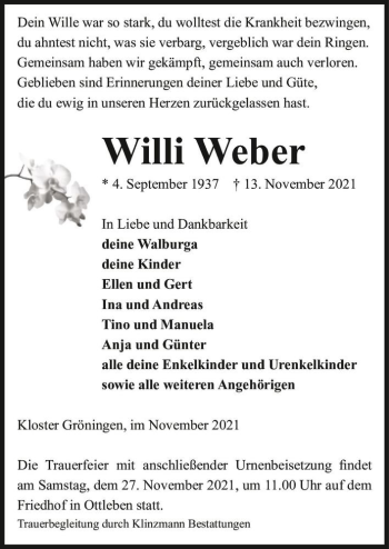 Traueranzeige von Willi Weber  von Magdeburger Volksstimme