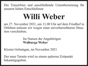 Traueranzeige von Willi Weber  von Magdeburger Volksstimme