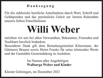 Traueranzeige von Willi Weber  von Magdeburger Volksstimme