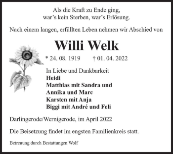 Traueranzeige von Willi Welk  von Magdeburger Volksstimme