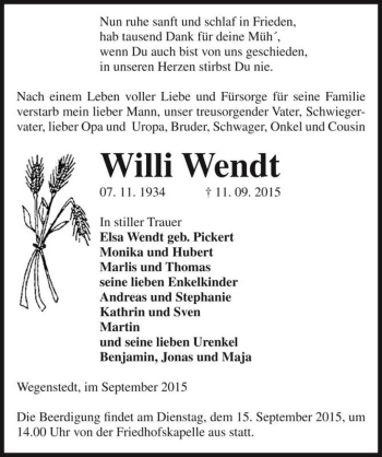Traueranzeige von Willi Wendt  von Magdeburger Volksstimme