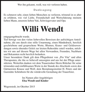 Traueranzeige von Willi Wendt  von Magdeburger Volksstimme